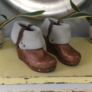 Brown leather wedge boots